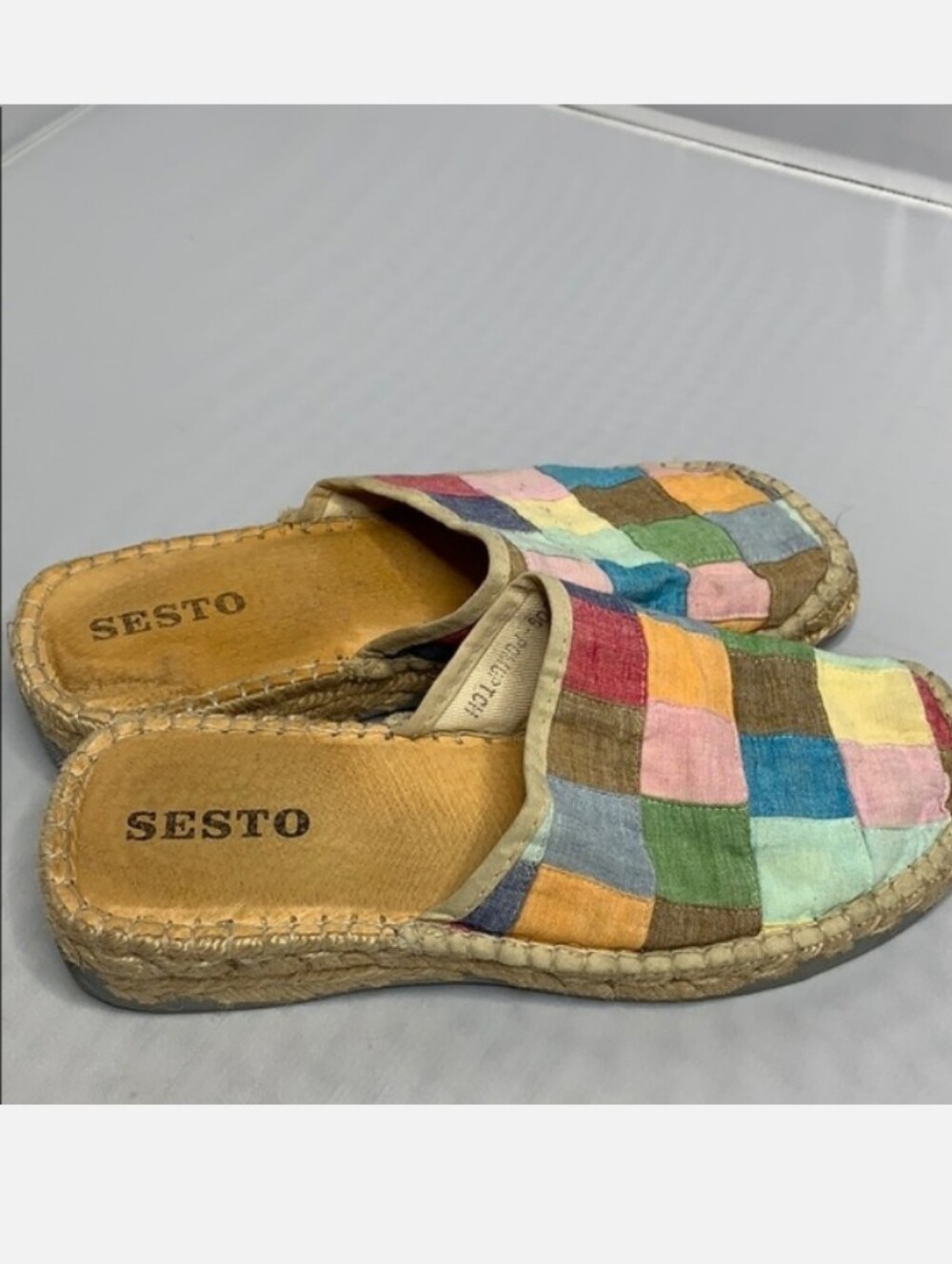 Sesto Meucci checkered multi-colored patchwork mule espadrilles. 7
